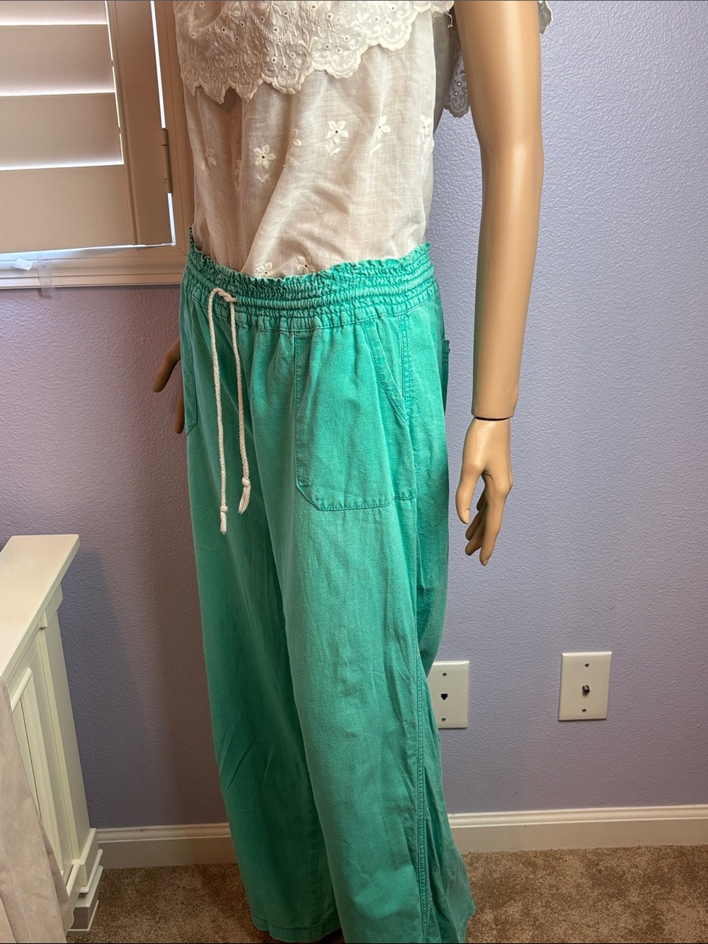 Kiss & Cry Beach Casual Teal Drawstring Linen Blend Pants